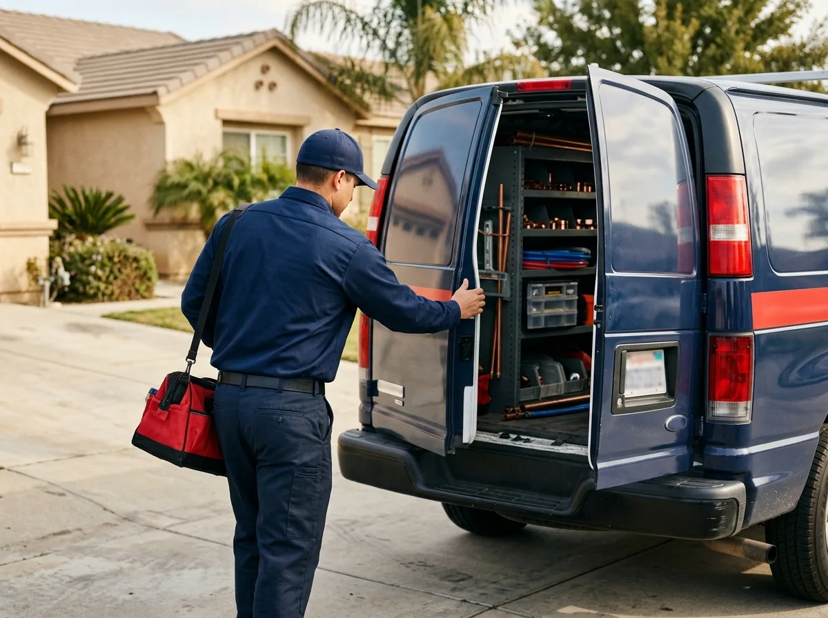 All Pro Plumbing Heating and Air technician loading a branded service van in Bakersfield, CA